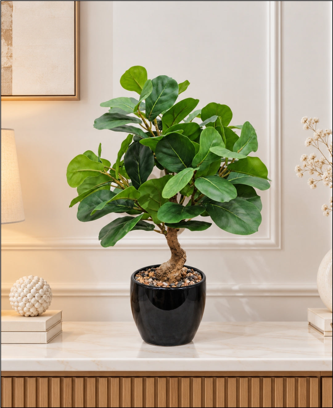 Artificial Fiddle Leaf Fig Bonsai with Curved Trunk in Glossy Black Ceramic Pot