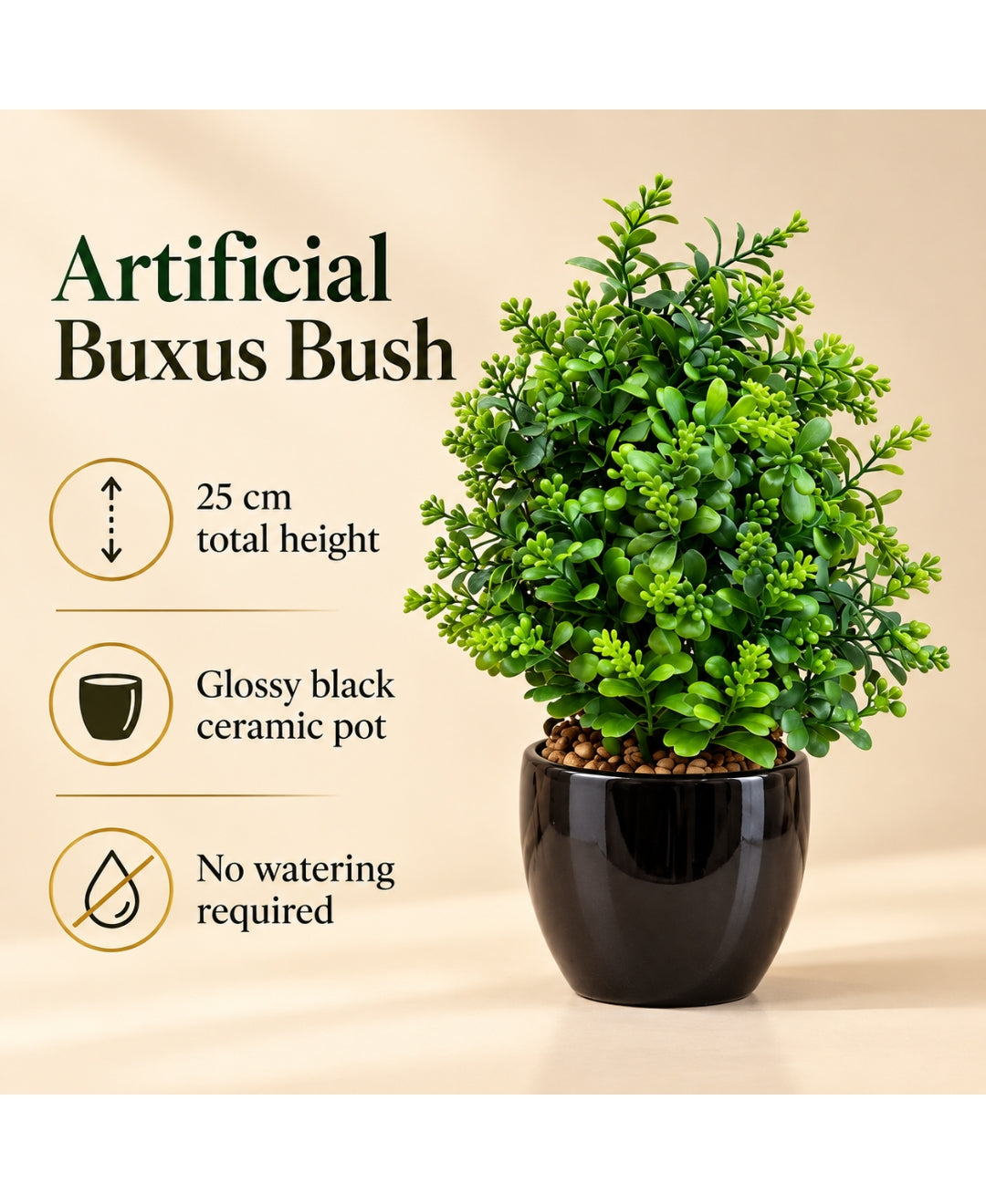 Artificial Buxus Bush in Glossy Black Ceramic Pot