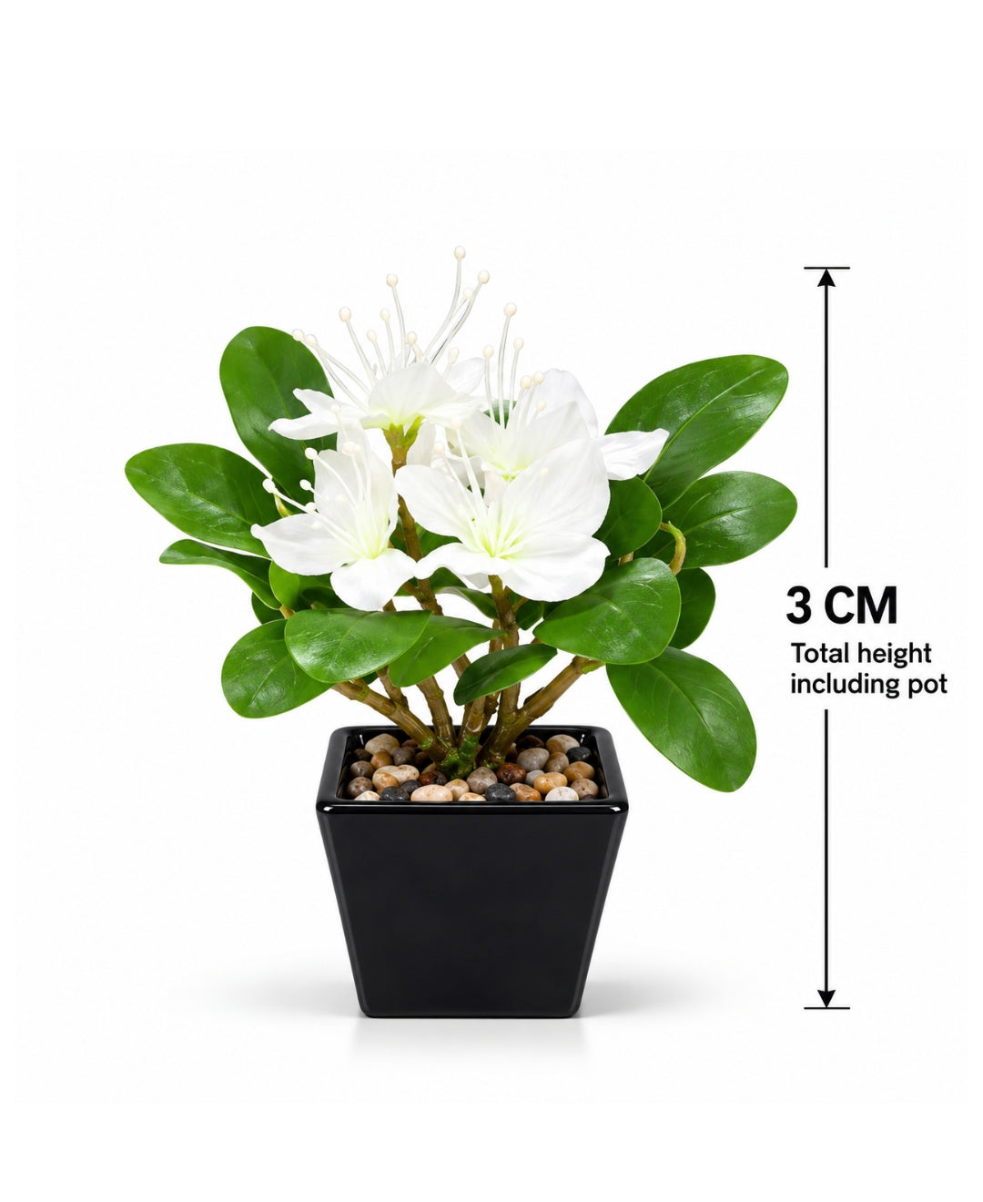 Artificial Azalea Flower Pot - White – Realistic Faux Flowering Bonsais in Glossy Black Square Ceramic Pots