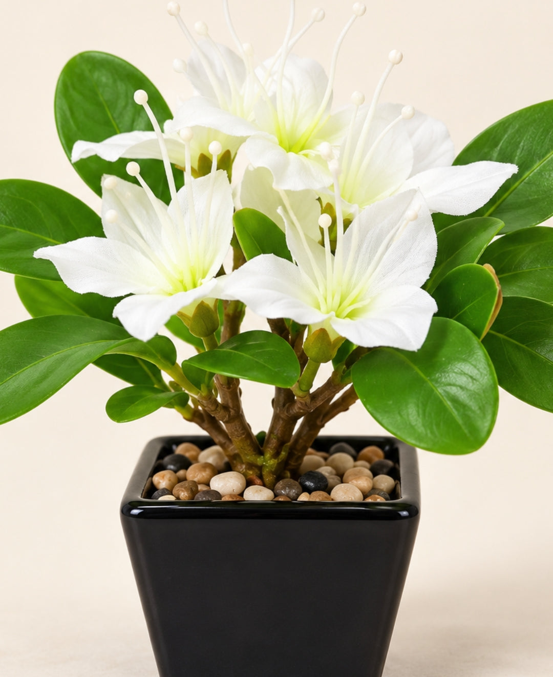 Artificial Azalea Flower Pot - White – Realistic Faux Flowering Bonsais in Glossy Black Square Ceramic Pots