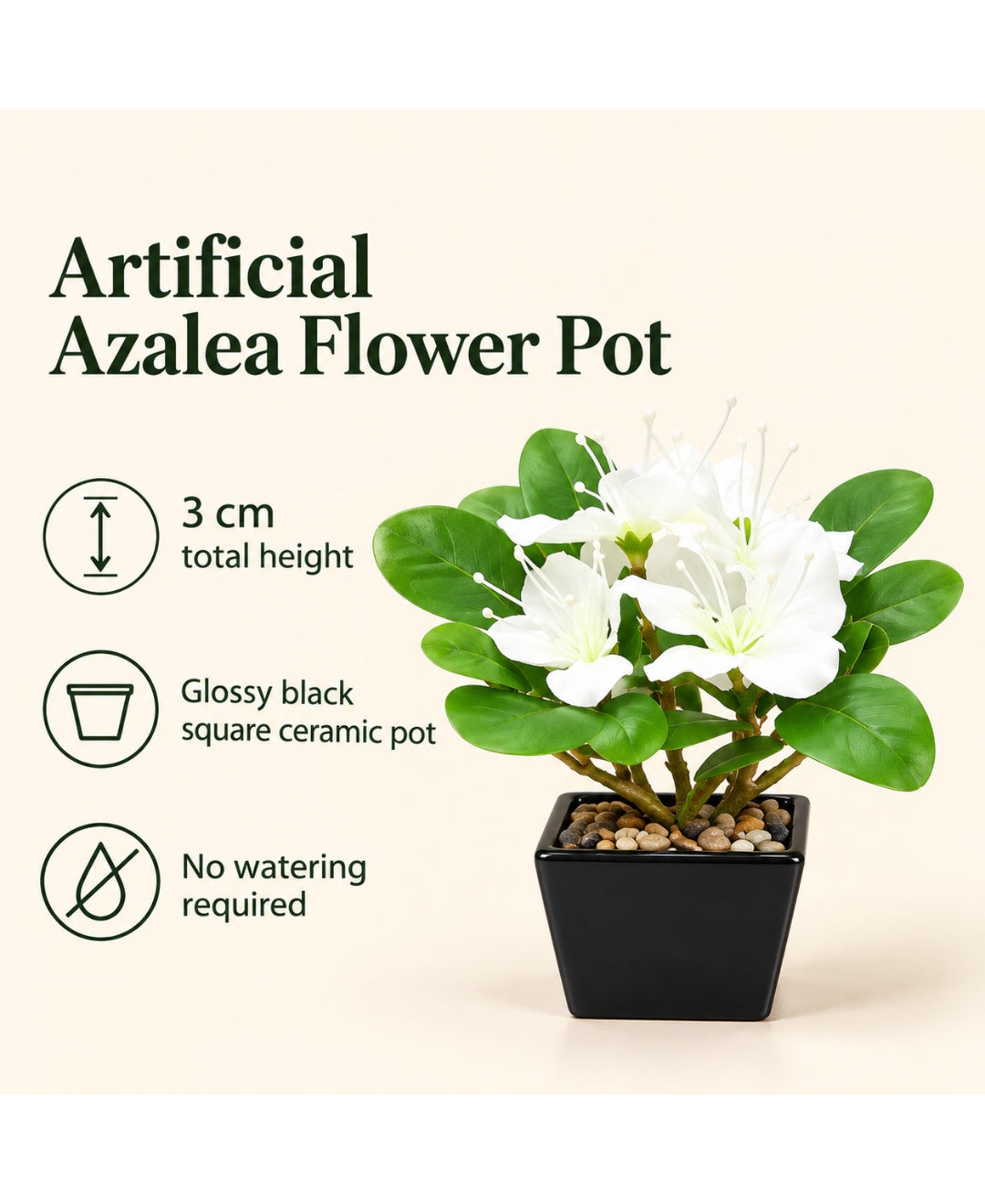 Artificial Azalea Flower Pot - White – Realistic Faux Flowering Bonsais in Glossy Black Square Ceramic Pots