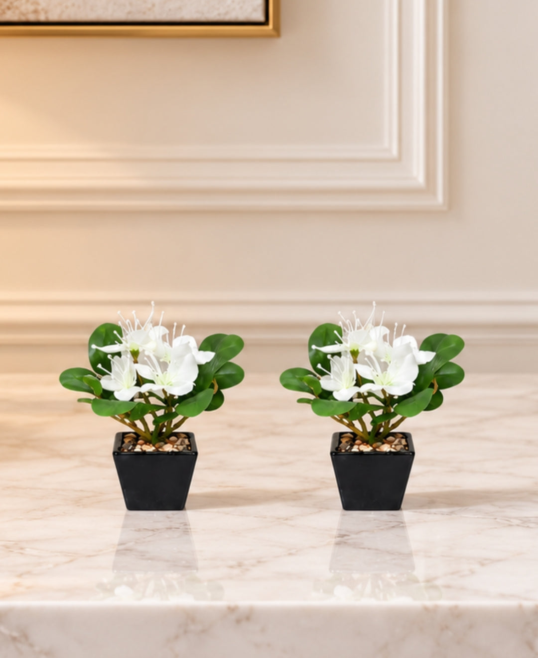 Artificial Azalea Flower Pot - White – Realistic Faux Flowering Bonsais in Glossy Black Square Ceramic Pots