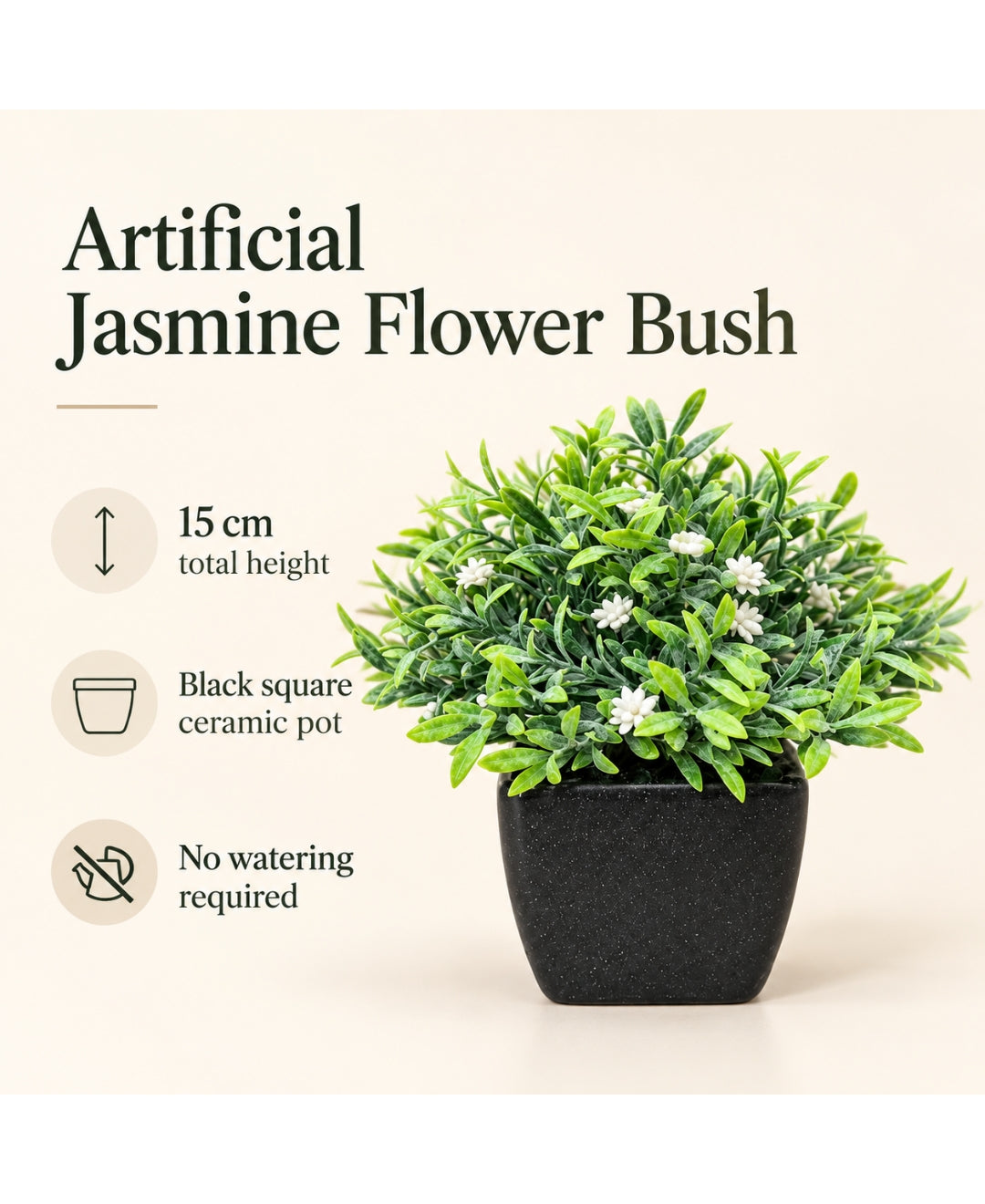 Artificial Jasmine Flower Bush in Black Square Ceramic Pot