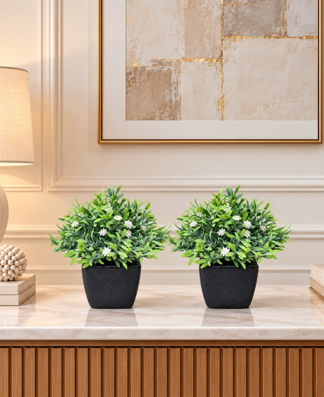 Artificial Jasmine Flower Bush in Black Square Ceramic Pot