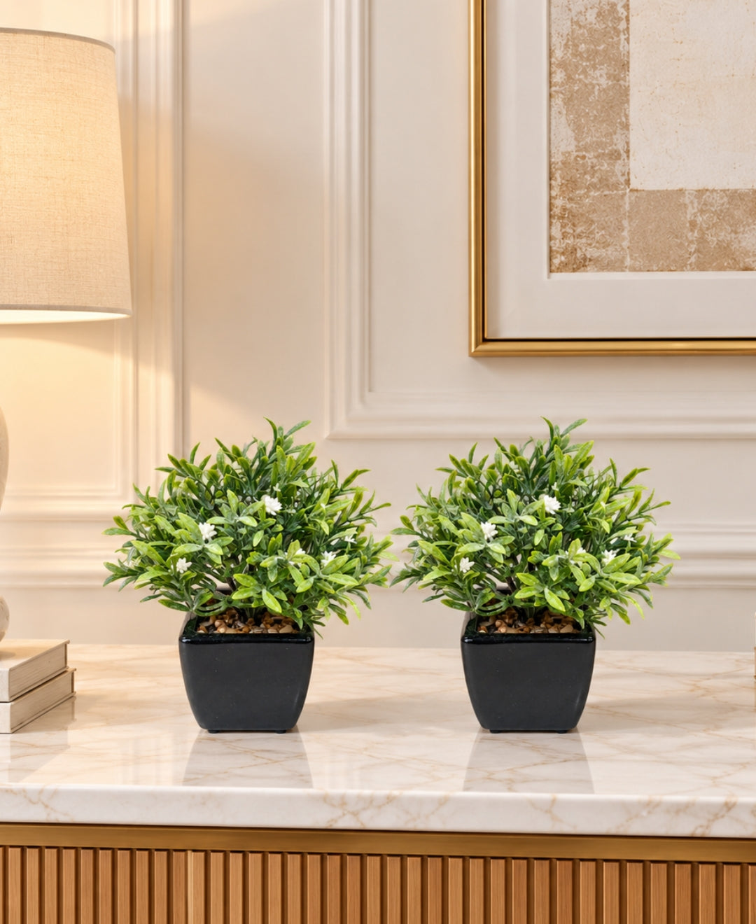 Artificial Star Jasmine Bush in Glossy Black Square Ceramic Pot