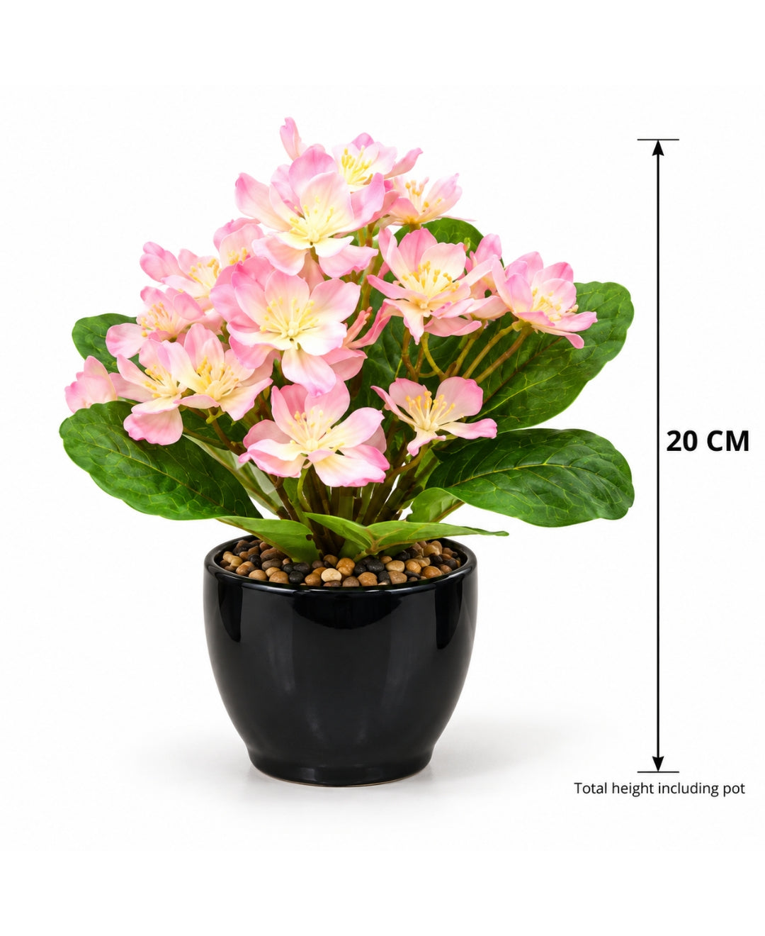 Artificial Phlox Flower Pot - Pink in Glossy Black Ceramic Pots