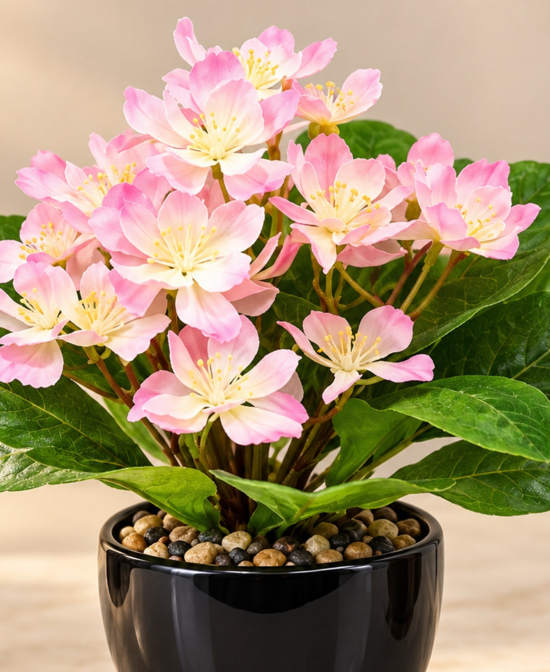 Artificial Phlox Flower Pot - Pink in Glossy Black Ceramic Pots