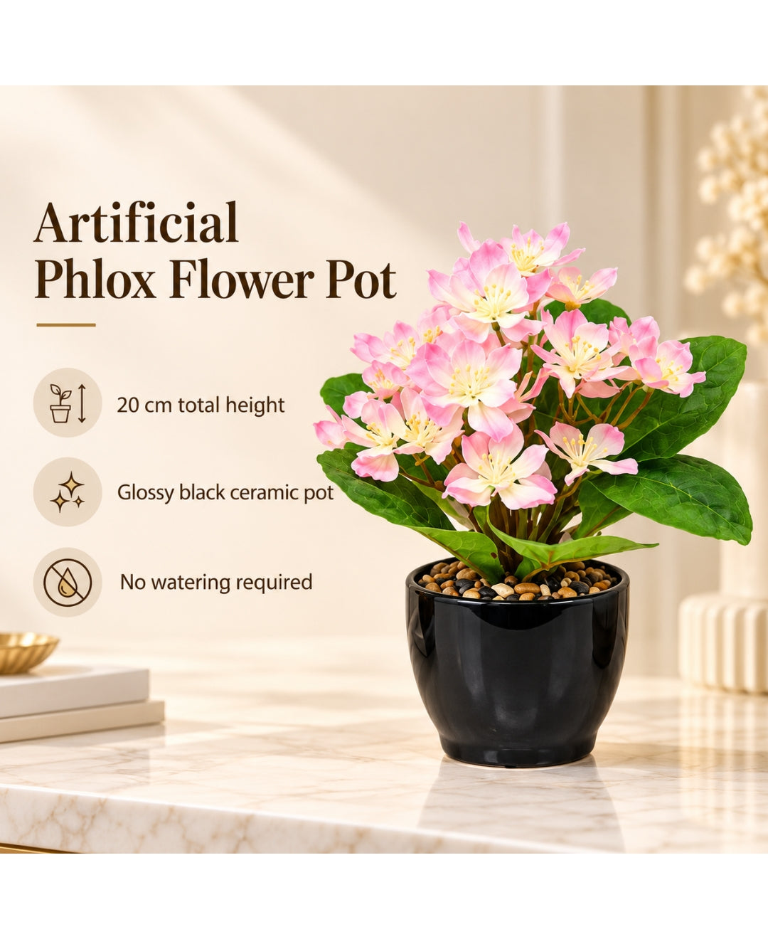 Artificial Phlox Flower Pot - Pink in Glossy Black Ceramic Pots