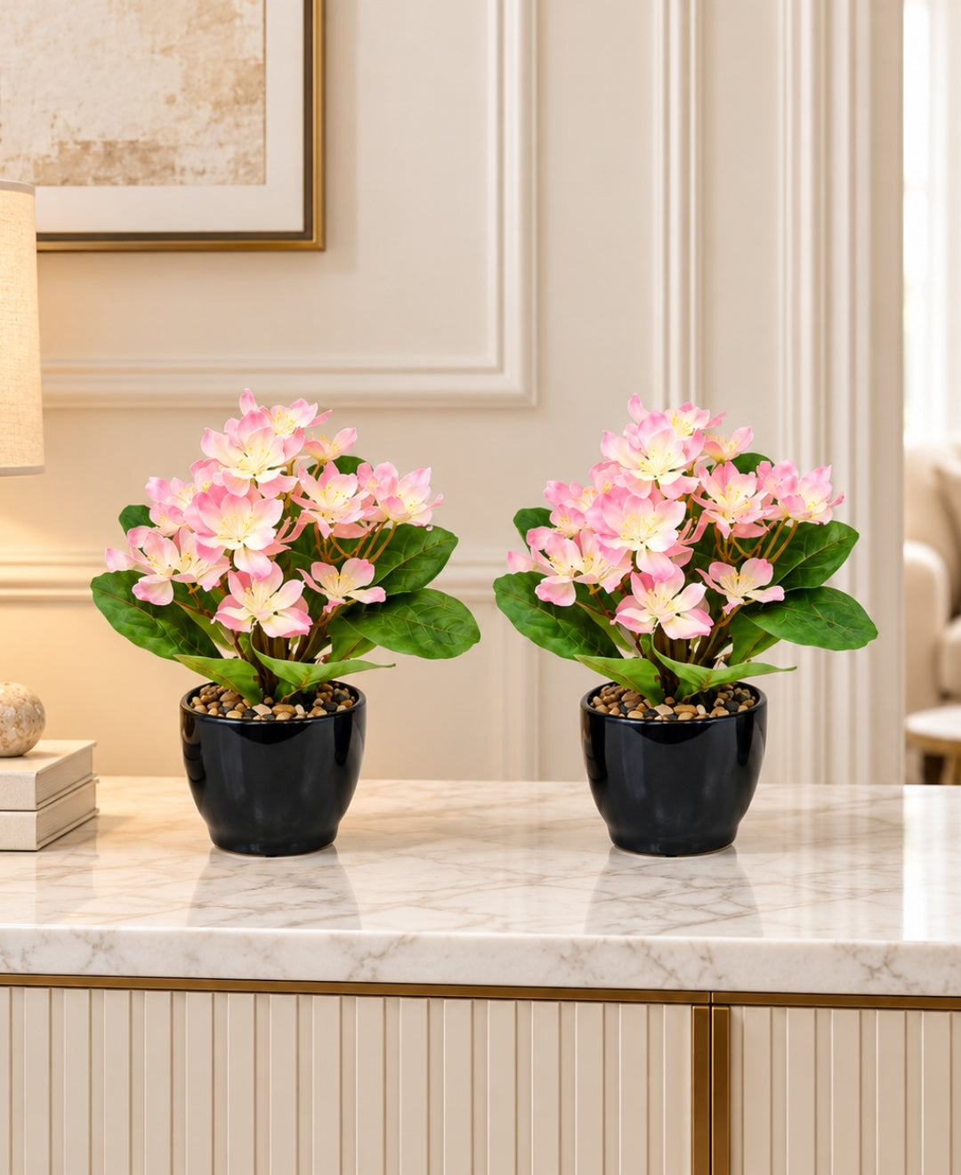 Artificial Phlox Flower Pot - Pink in Glossy Black Ceramic Pots
