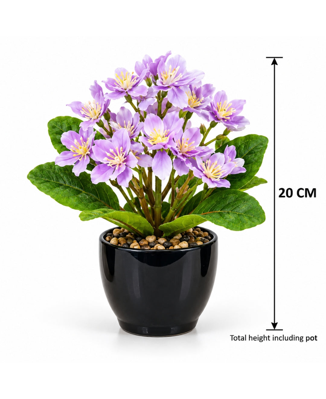 Artificial Phlox Flower Pot - Purple in Glossy Black Ceramic Pots