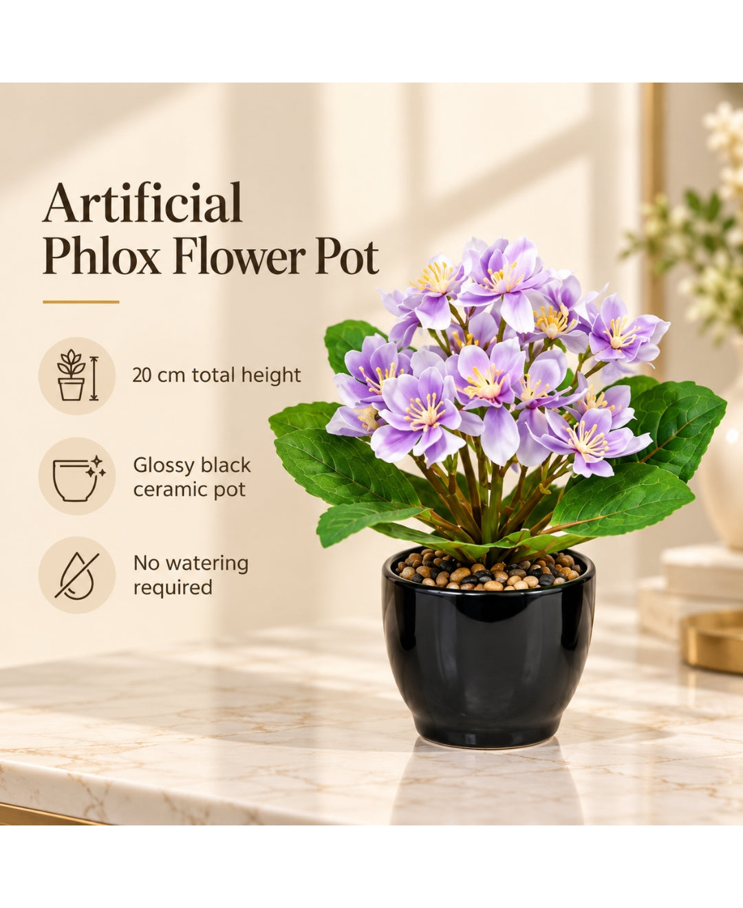 Artificial Phlox Flower Pot - Purple in Glossy Black Ceramic Pots