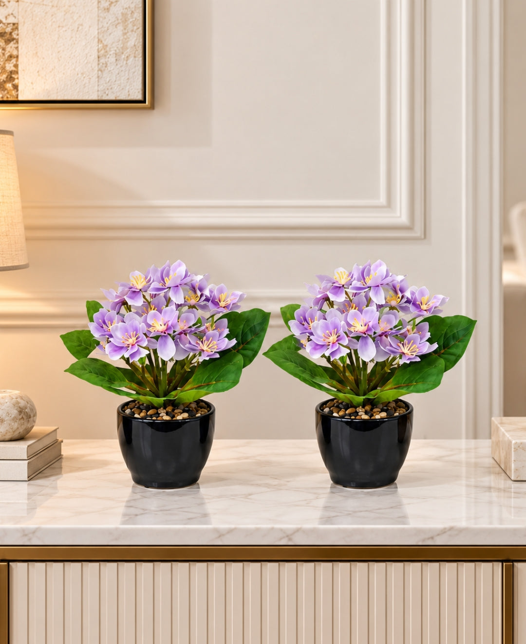 Artificial Phlox Flower Pot - Purple in Glossy Black Ceramic Pots
