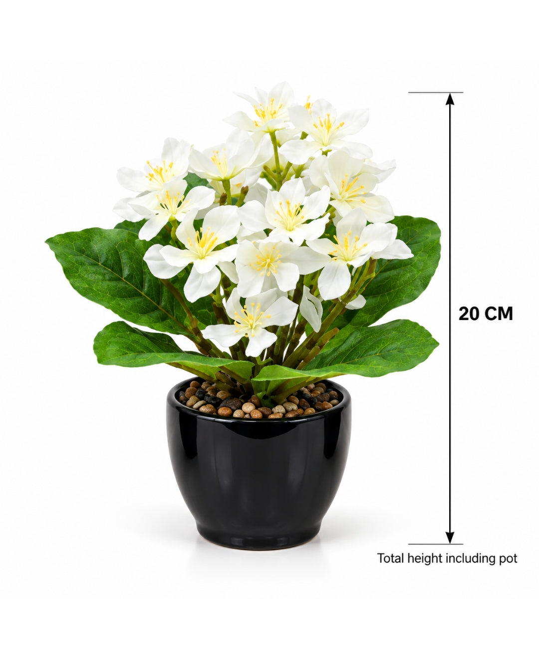 Artificial Phlox Flower Pot - White in Glossy Black Ceramic Pots