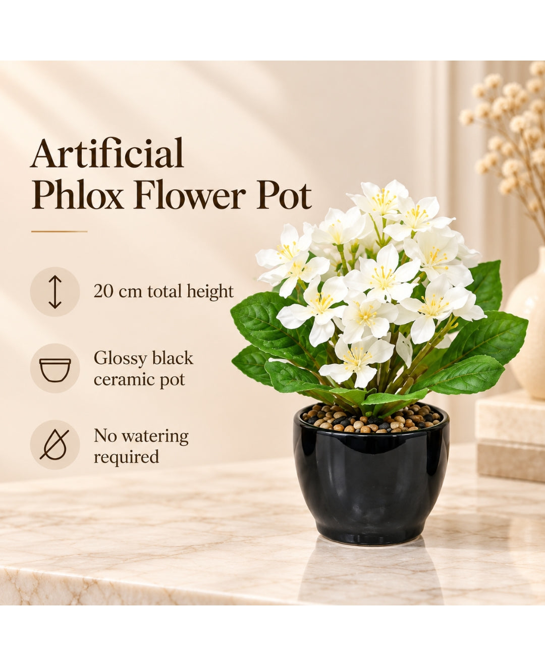 Artificial Phlox Flower Pot - White in Glossy Black Ceramic Pots