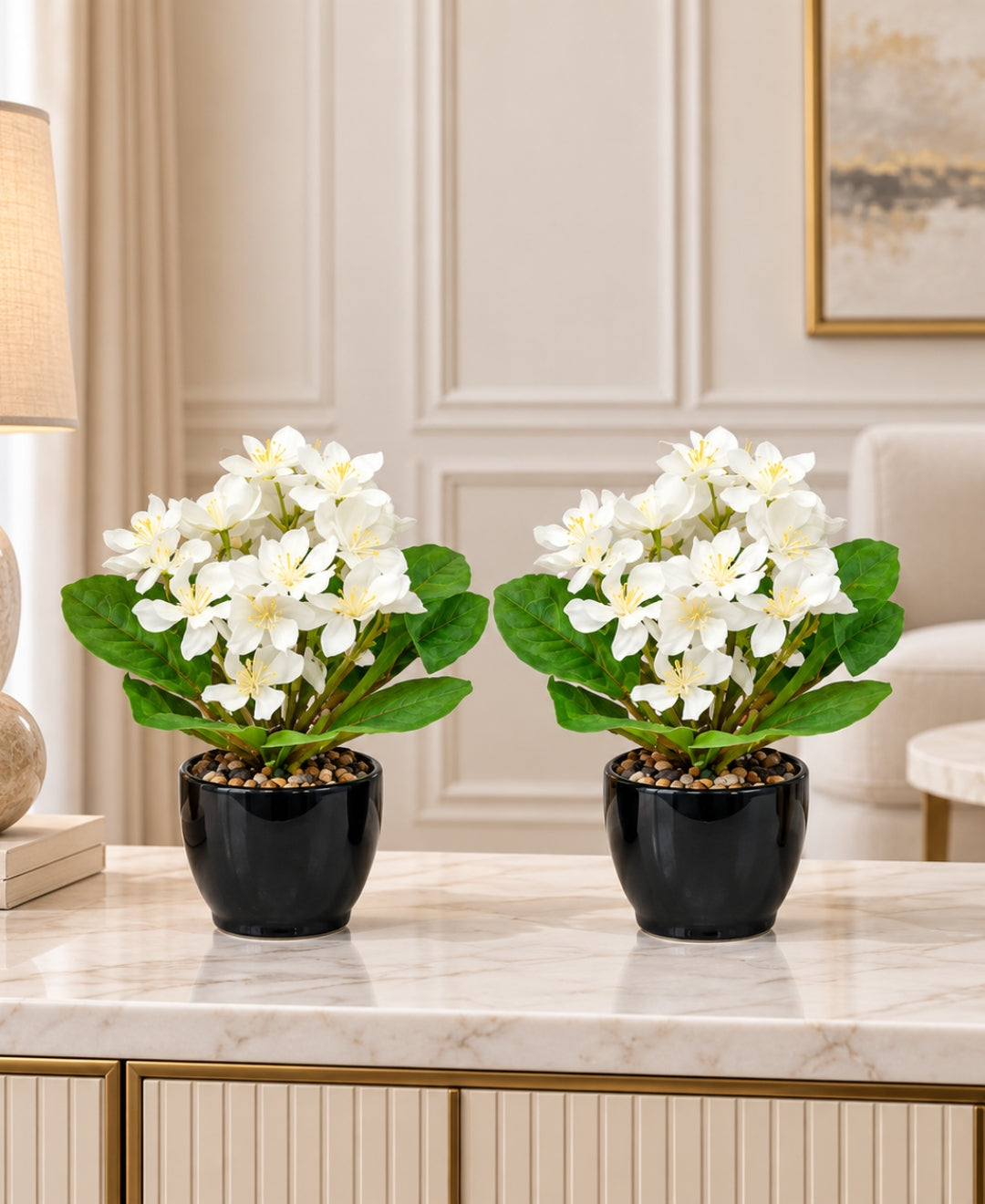Artificial Phlox Flower Pot - White in Glossy Black Ceramic Pots