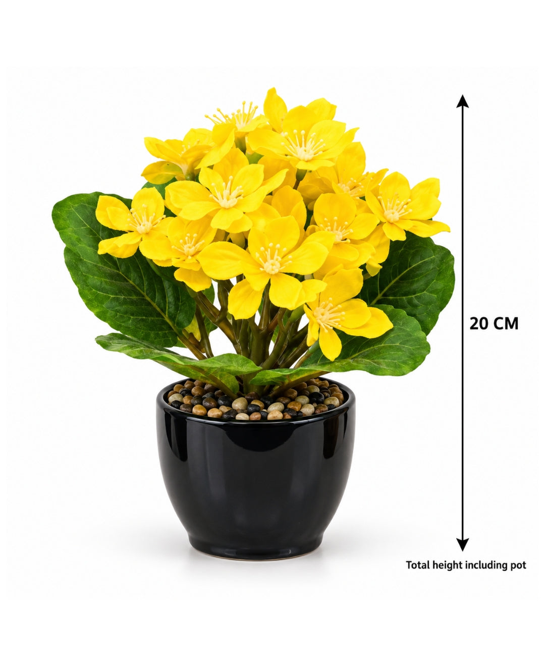 Artificial Phlox Flower Pot - Yellow in Glossy Black Ceramic Pots