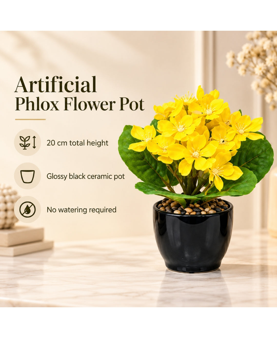 Artificial Phlox Flower Pot - Yellow in Glossy Black Ceramic Pots