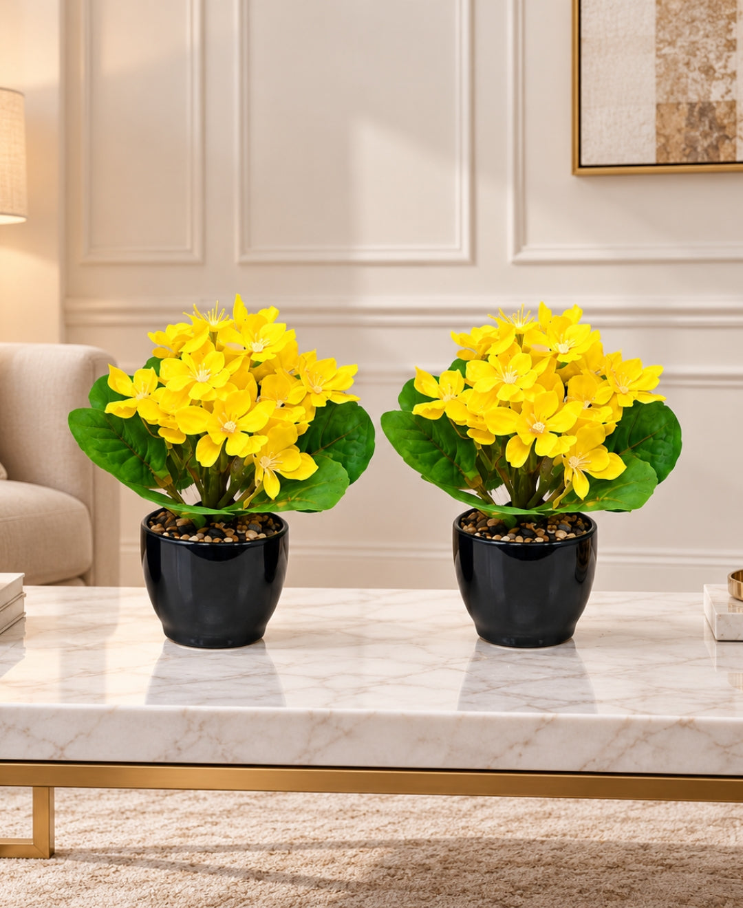 Artificial Phlox Flower Pot - Yellow in Glossy Black Ceramic Pots