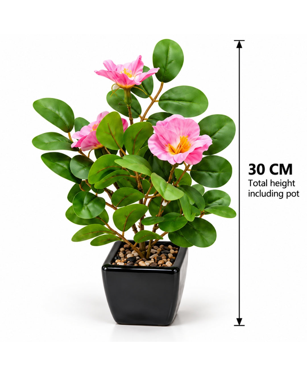 Artificial Camellia Flower Pot DPink in Glossy Black Square Ceramic Pots