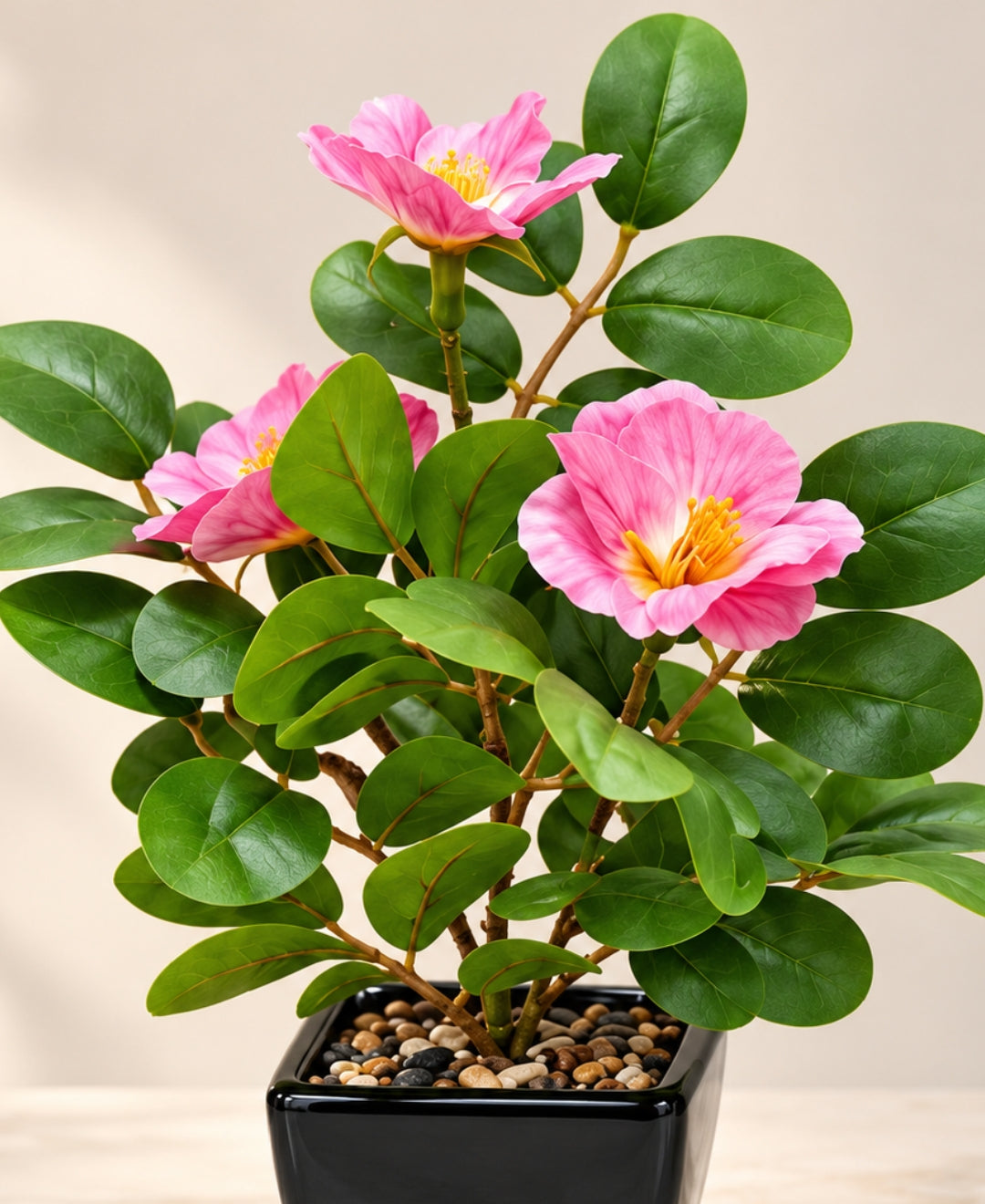 Artificial Camellia Flower Pot DPink in Glossy Black Square Ceramic Pots