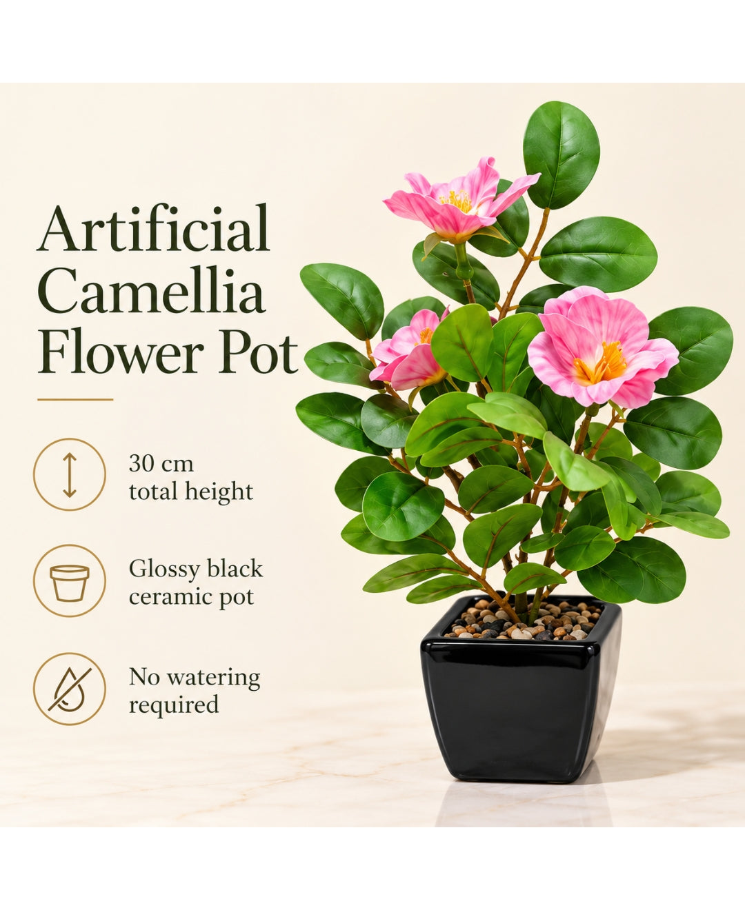 Artificial Camellia Flower Pot DPink in Glossy Black Square Ceramic Pots