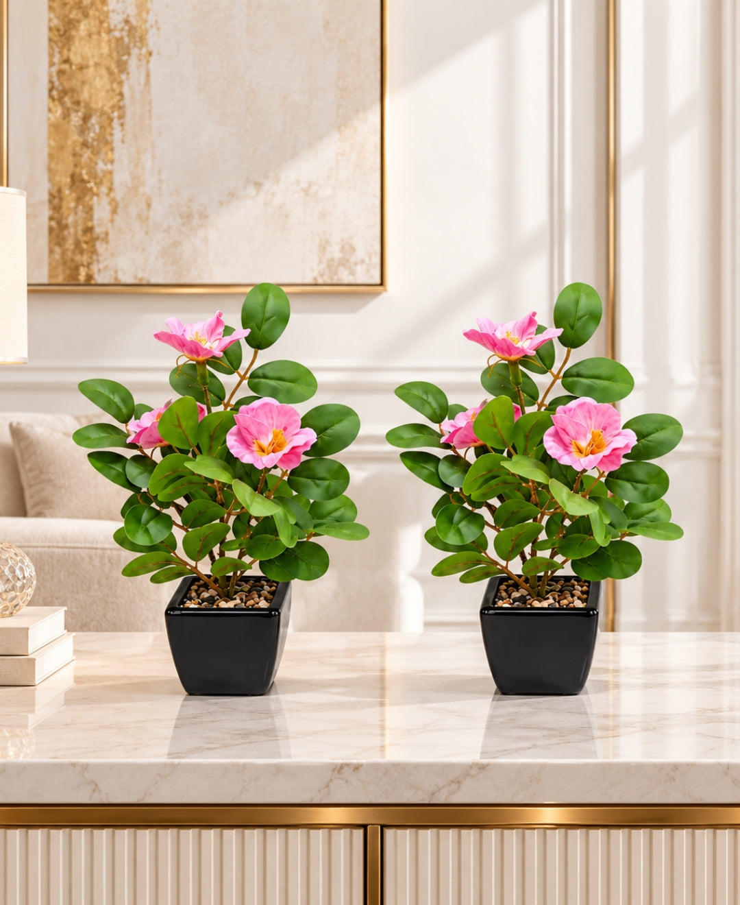 Artificial Camellia Flower Pot DPink in Glossy Black Square Ceramic Pots