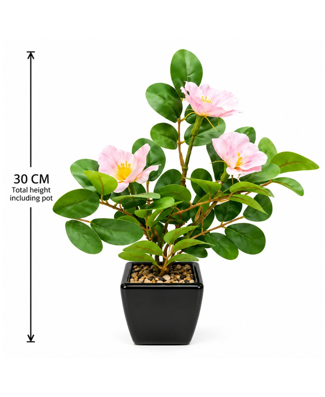 Artificial Camellia Flower Pot LPink in Glossy Black Square Ceramic Pots