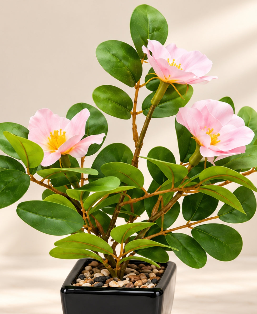 Artificial Camellia Flower Pot LPink in Glossy Black Square Ceramic Pots
