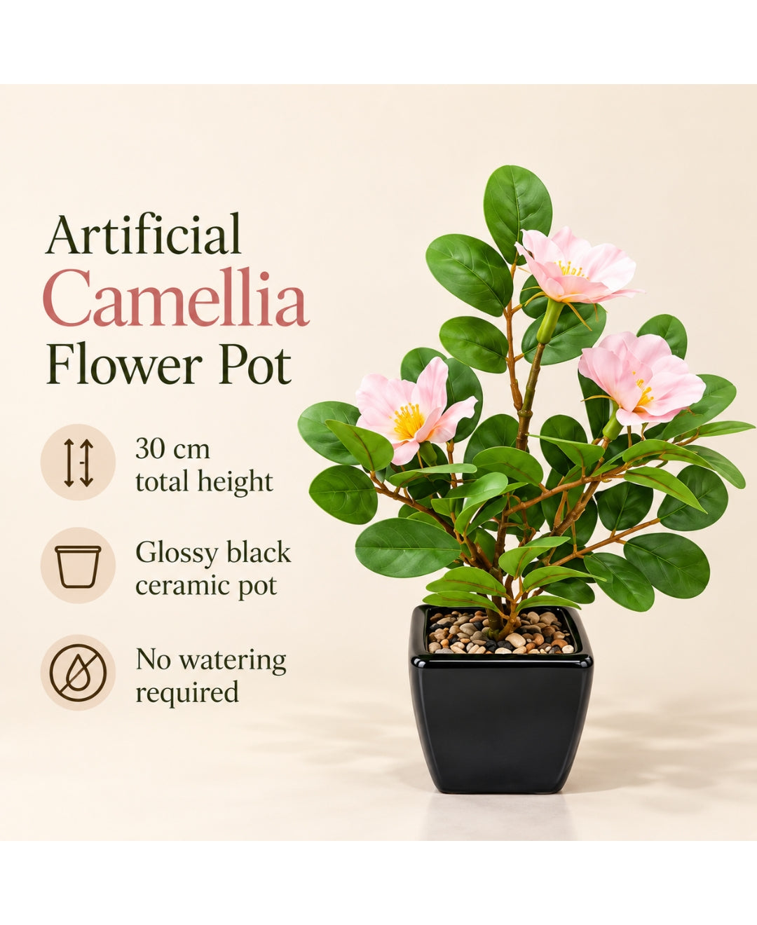 Artificial Camellia Flower Pot LPink in Glossy Black Square Ceramic Pots