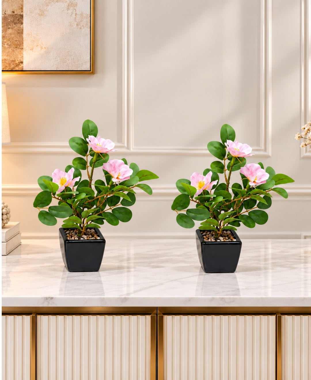 Artificial Camellia Flower Pot LPink in Glossy Black Square Ceramic Pots