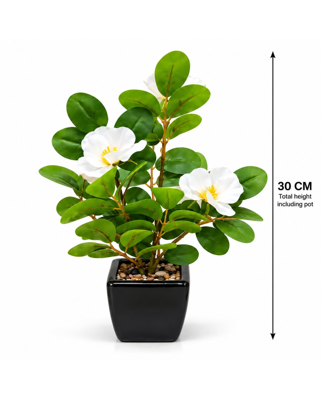 Artificial Camellia Flower Pot White in Glossy Black Square Ceramic Pots