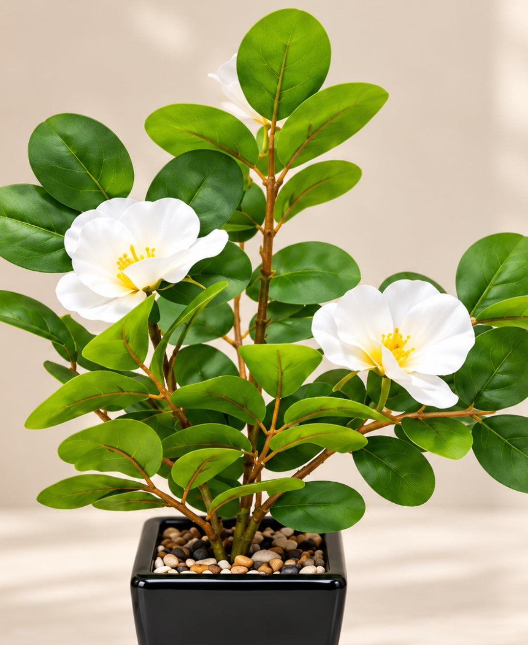 Artificial Camellia Flower Pot White in Glossy Black Square Ceramic Pots