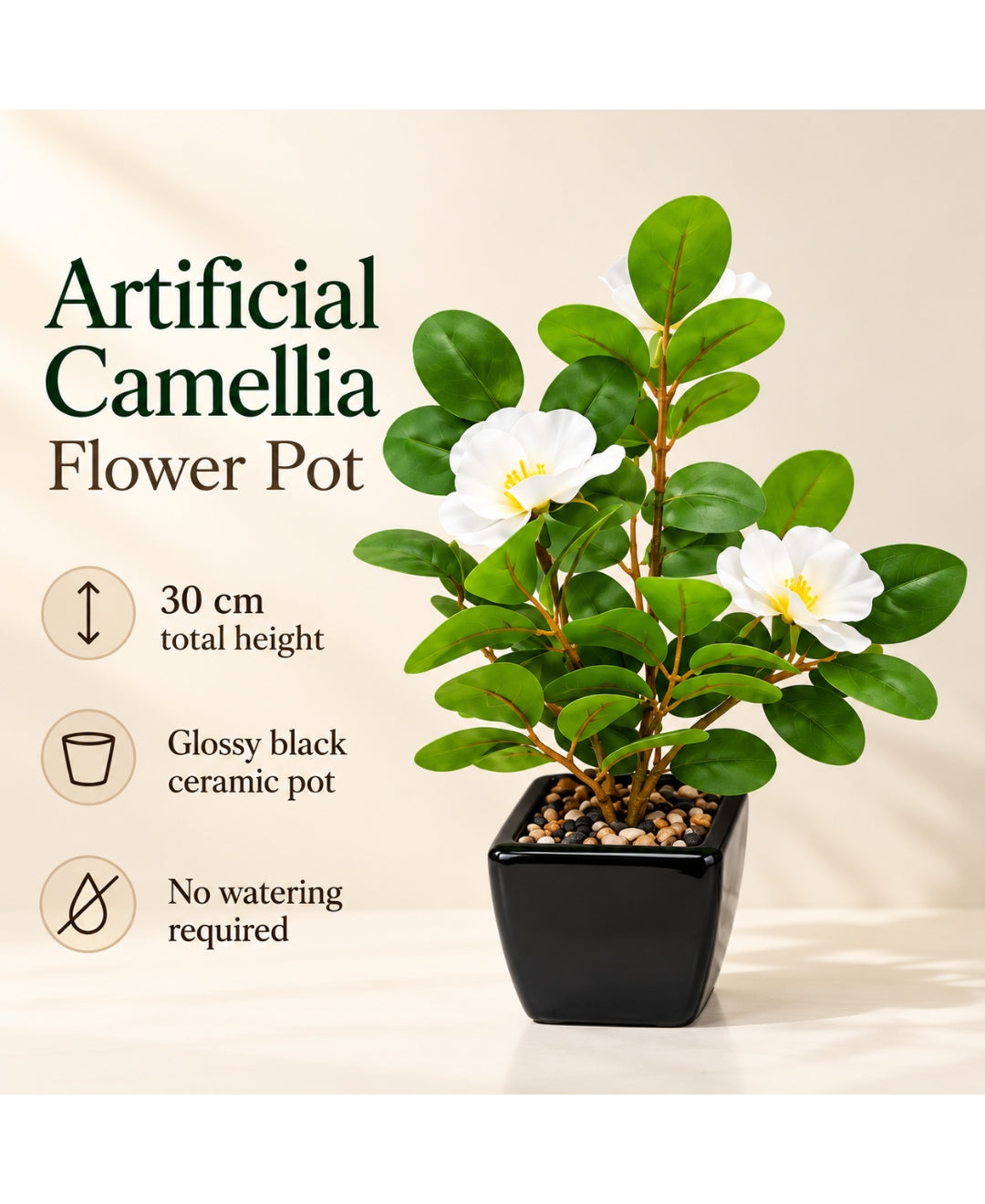 Artificial Camellia Flower Pot White in Glossy Black Square Ceramic Pots