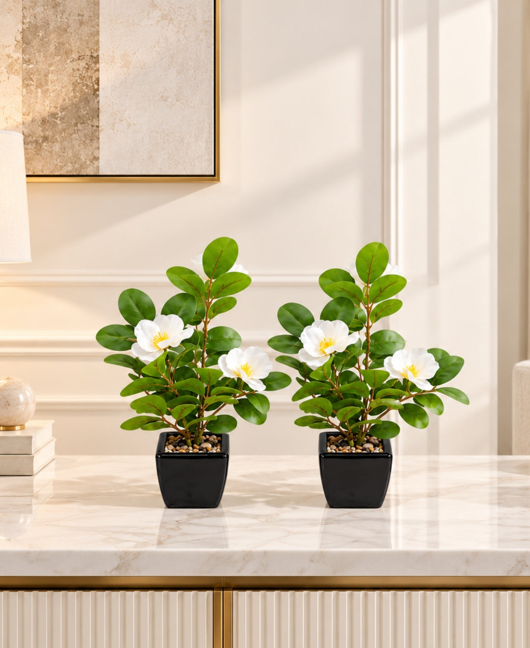 Artificial Camellia Flower Pot White in Glossy Black Square Ceramic Pots