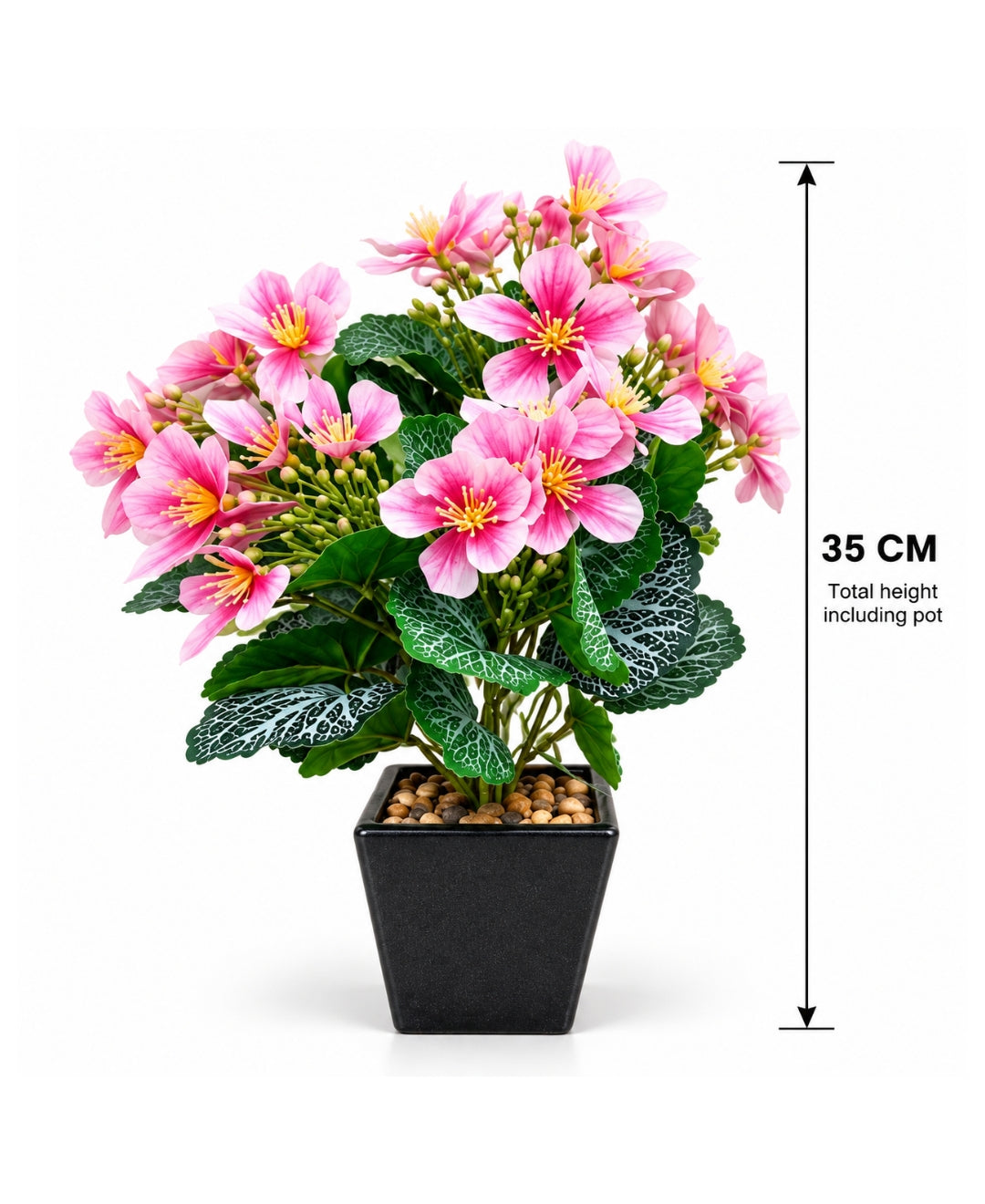 Artificial Begonia Flower Pot - Pink with Silver-Veined Leaves in Black Square Ceramic Pots