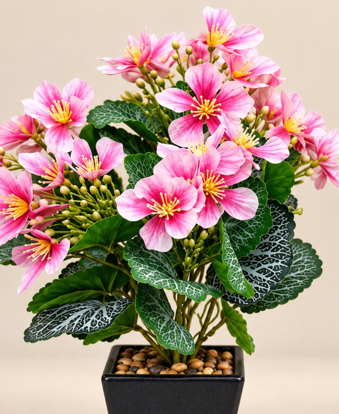 Artificial Begonia Flower Pot - Pink with Silver-Veined Leaves in Black Square Ceramic Pots