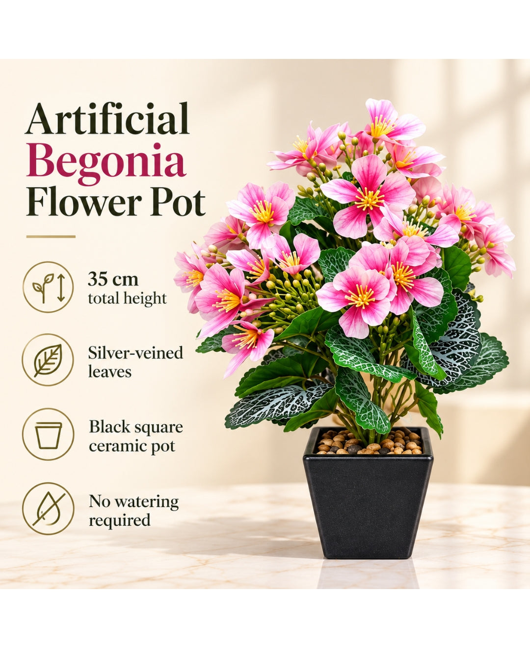 Artificial Begonia Flower Pot - Pink with Silver-Veined Leaves in Black Square Ceramic Pots