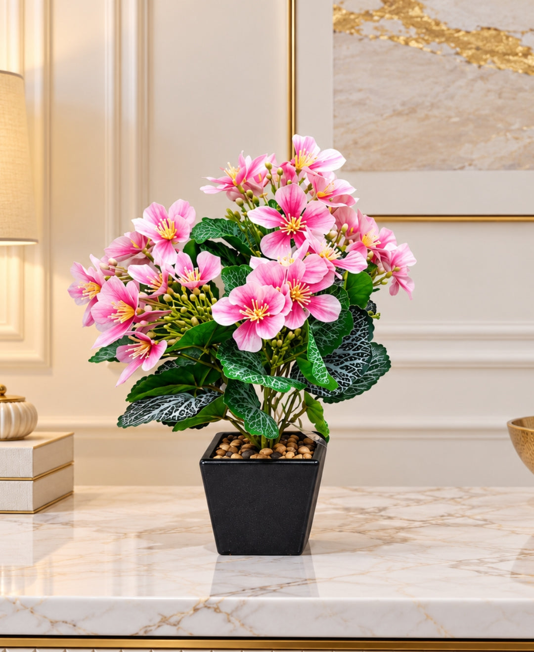 Artificial Begonia Flower Pot - Pink with Silver-Veined Leaves in Black Square Ceramic Pots