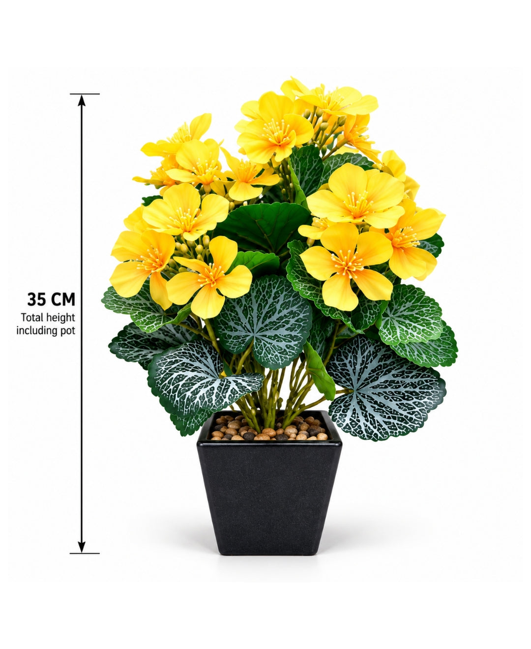 Artificial Begonia Flower Pot - Yellow with Silver-Veined Leaves in Black Square Ceramic Pots