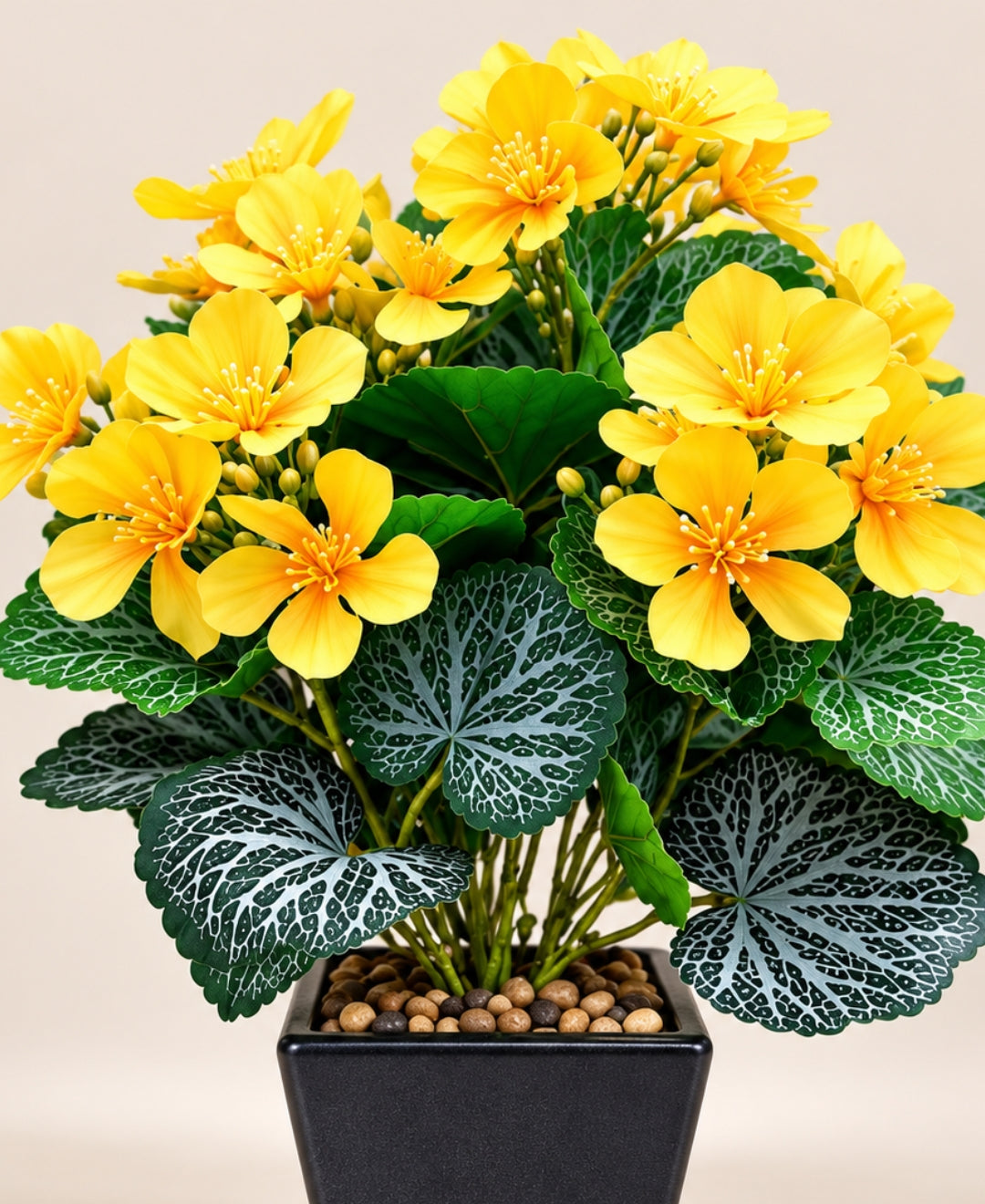 Artificial Begonia Flower Pot - Yellow with Silver-Veined Leaves in Black Square Ceramic Pots