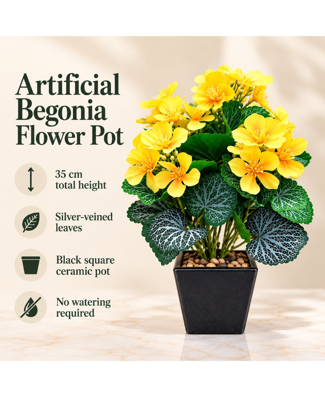 Artificial Begonia Flower Pot - Yellow with Silver-Veined Leaves in Black Square Ceramic Pots