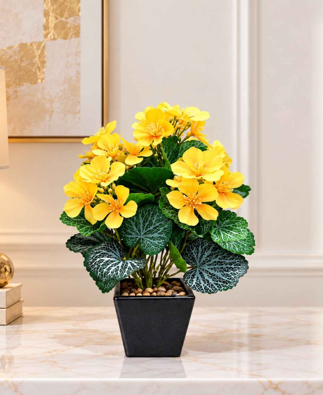 Artificial Begonia Flower Pot - Yellow with Silver-Veined Leaves in Black Square Ceramic Pots