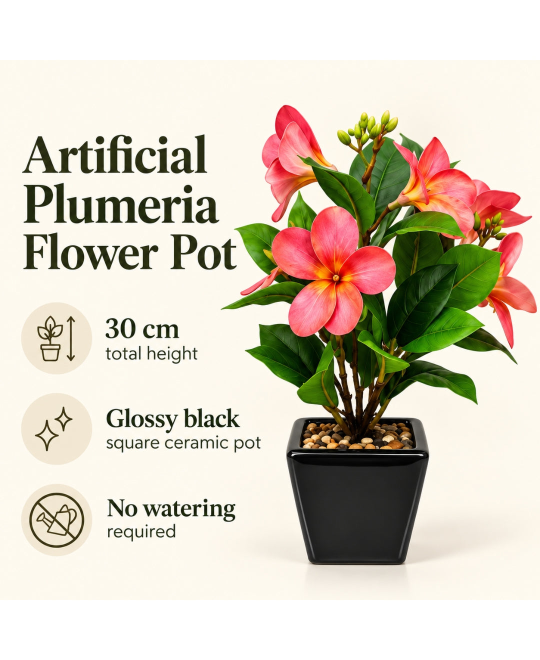 Artificial Plumeria (Frangipani) Flower Pot -Red Glossy Black Square Ceramic Pots