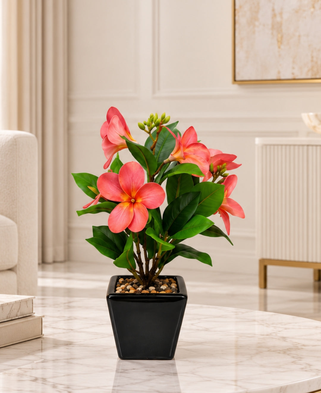 Artificial Plumeria (Frangipani) Flower Pot -Red Glossy Black Square Ceramic Pots