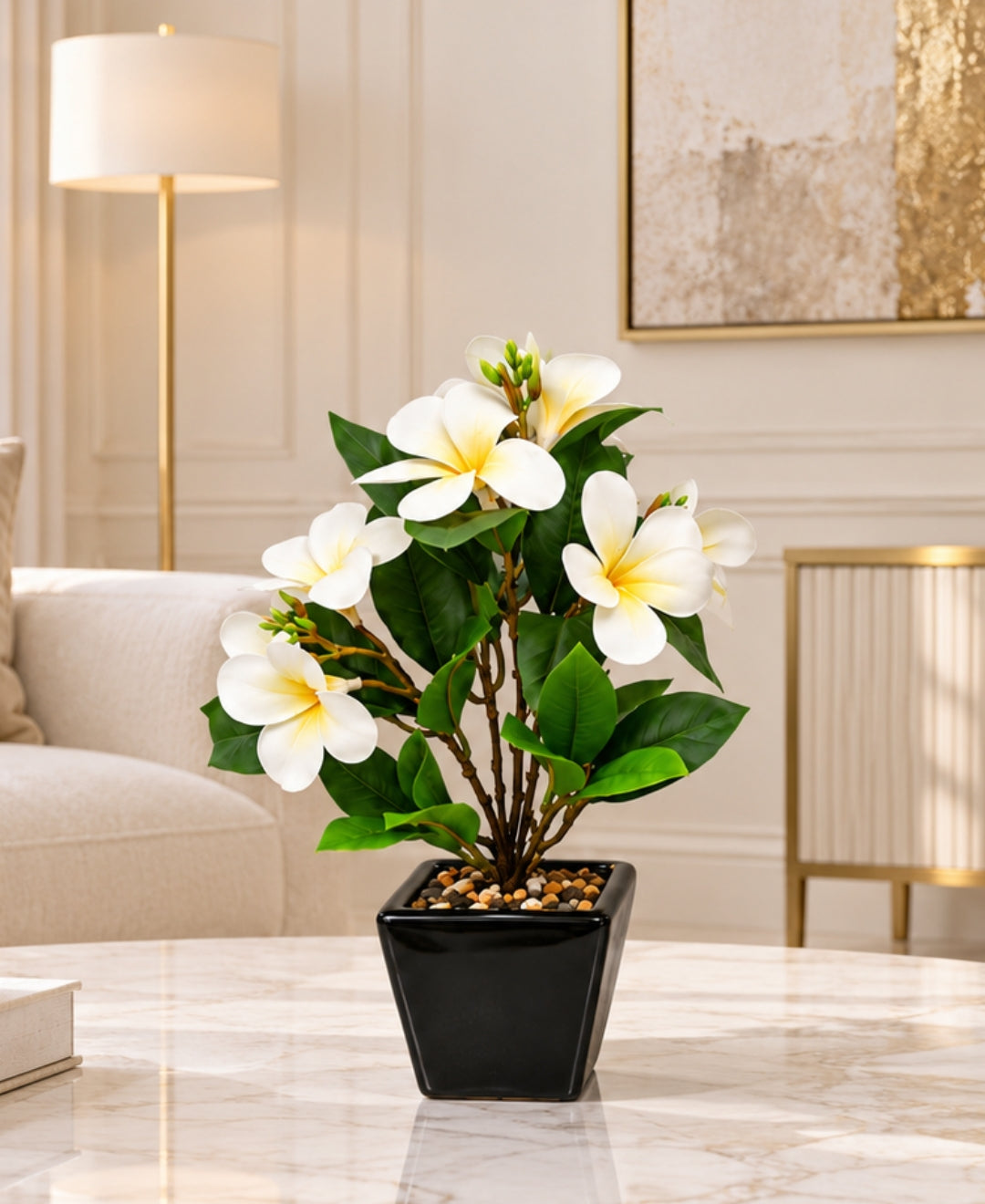 Artificial Plumeria (Frangipani) Flower Pot -White Glossy Black Square Ceramic Pots