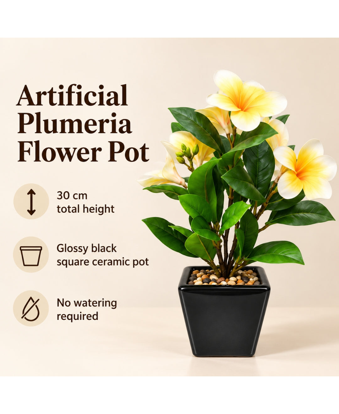 Artificial Plumeria (Frangipani) Flower Pot - Yellow Glossy Black Square Ceramic Pots