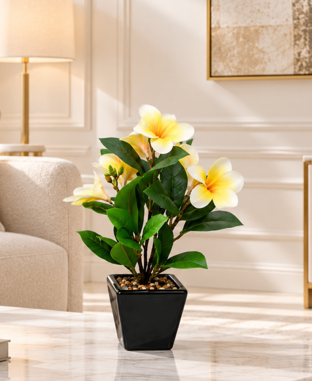Artificial Plumeria (Frangipani) Flower Pot - Yellow Glossy Black Square Ceramic Pots