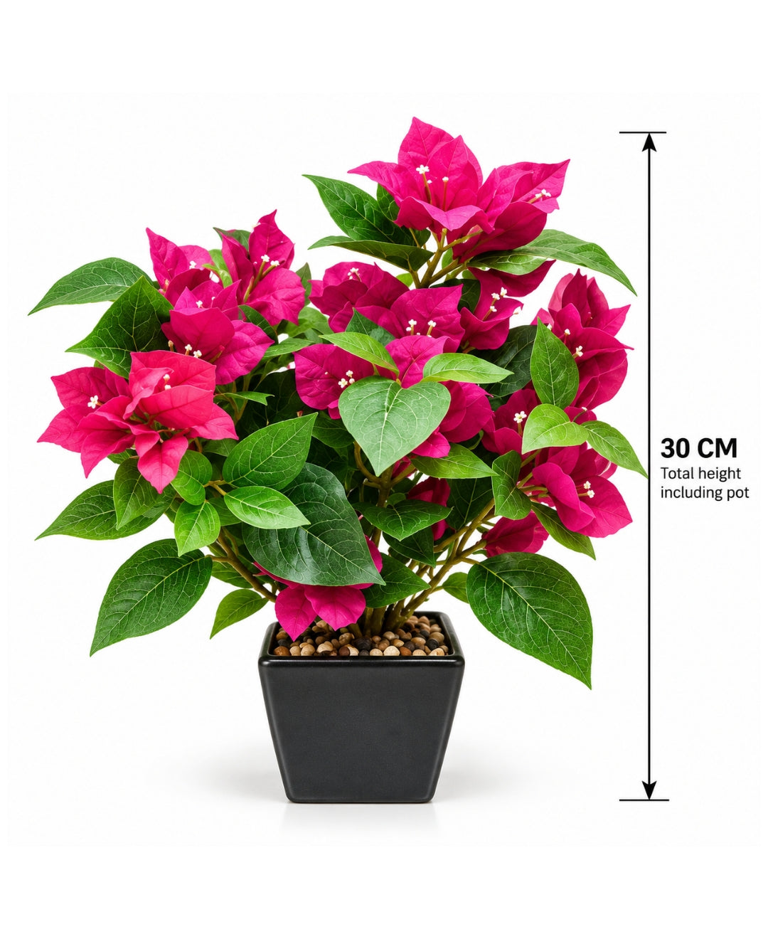 Artificial Bougainvillea Flower Pot - DPink in Glossy Black Square Ceramic Pots