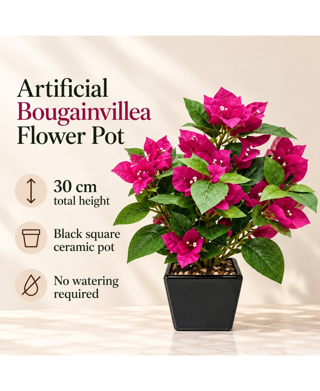 Artificial Bougainvillea Flower Pot - DPink in Glossy Black Square Ceramic Pots