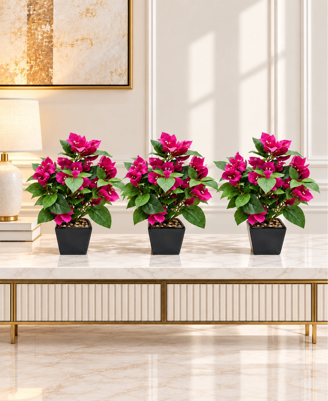 Artificial Bougainvillea Flower Pot - DPink in Glossy Black Square Ceramic Pots